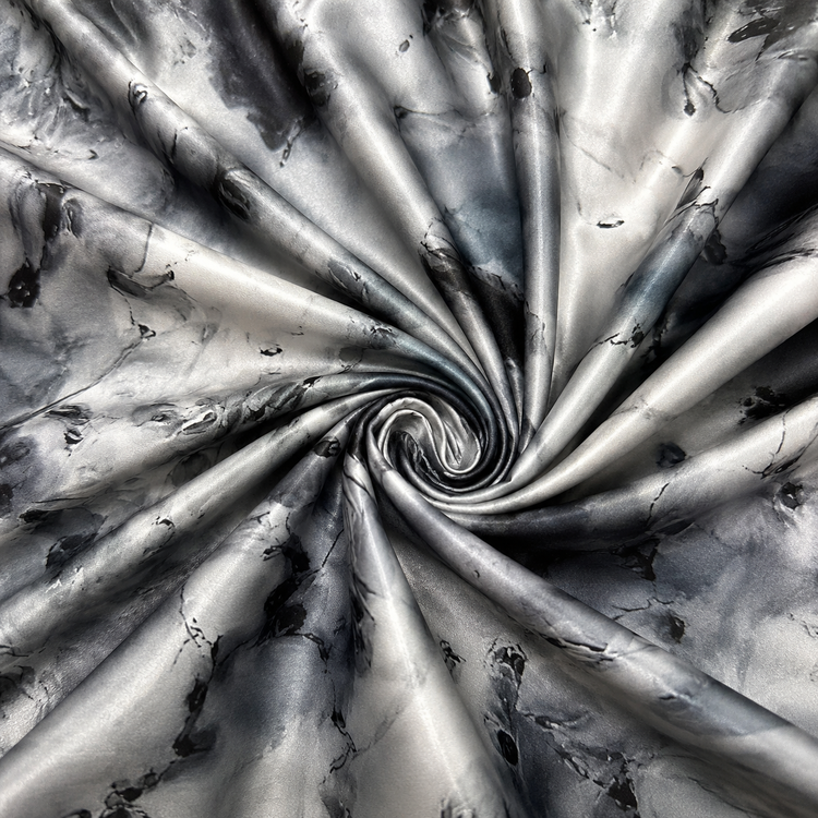 Satin elastic cu imprimeu abstract gri-negru