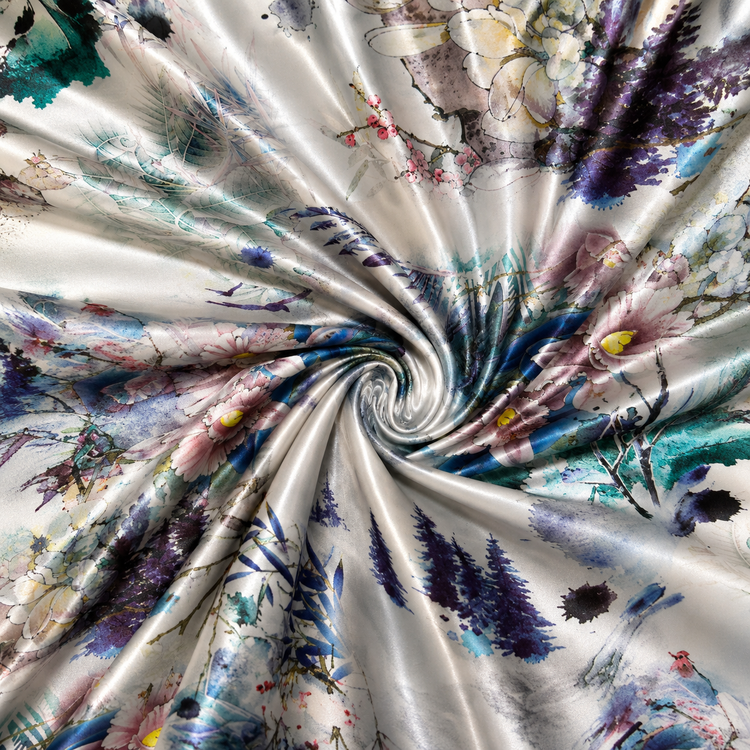 Satin elastic cu imprimeu floral artistic multicolor