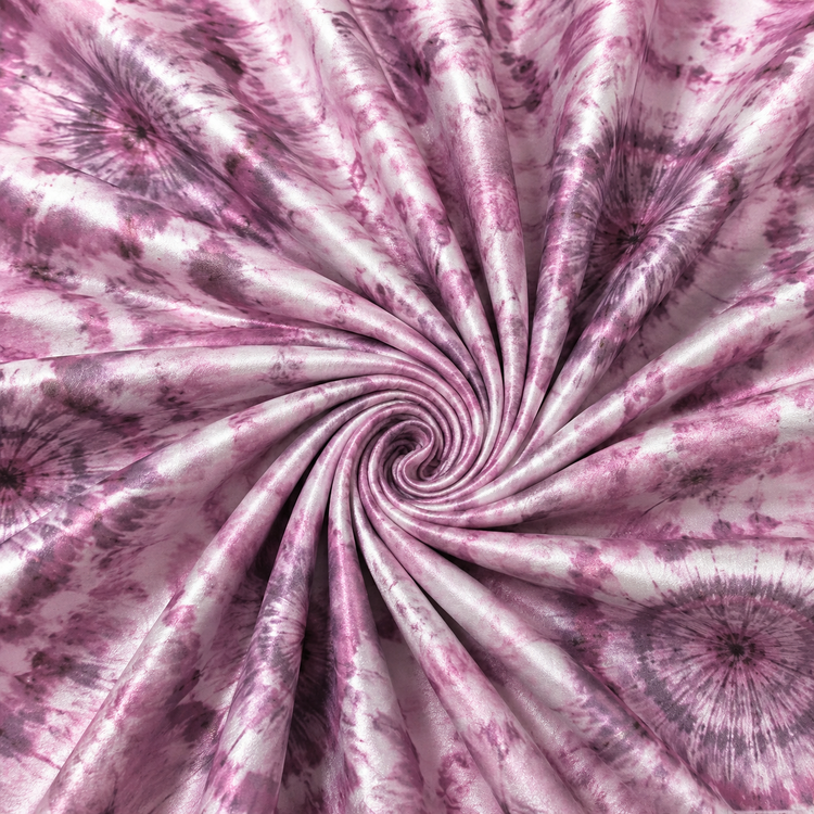 Satin elastic cu imprimeu tie-dye în nuanțe de roz și mov