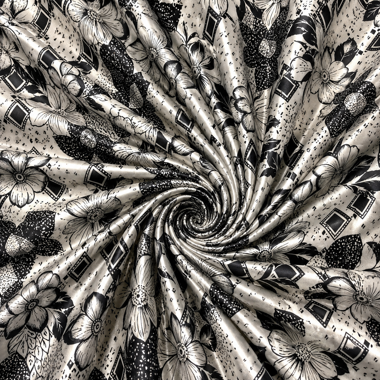 Satin elastic alb-negru cu imprimeu floral geometric