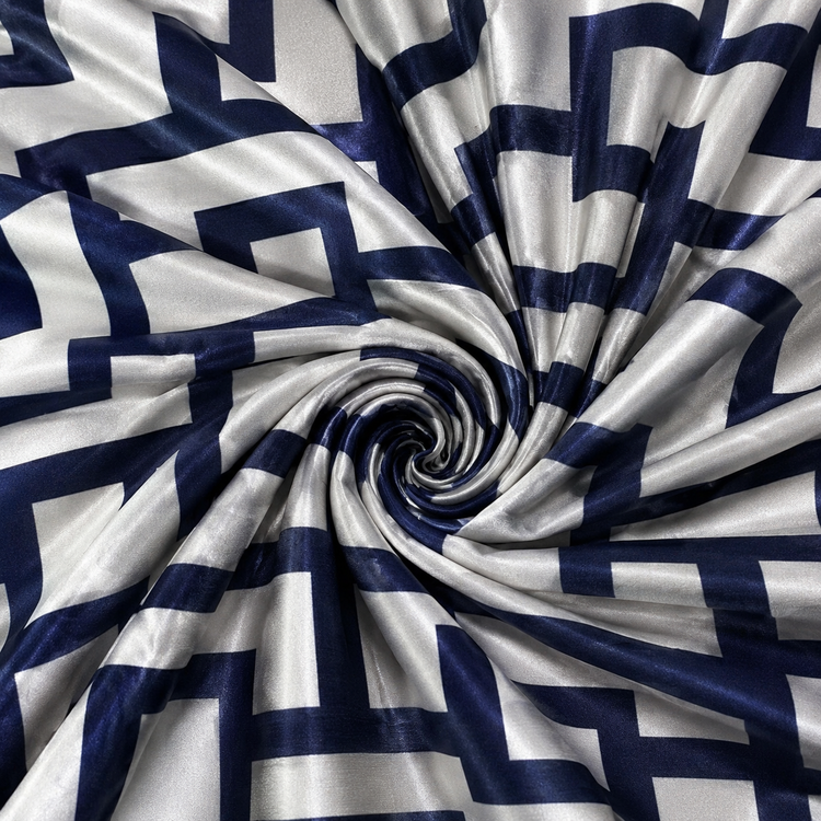 Satin elastic alb cu imprimeu geometric bleumarin