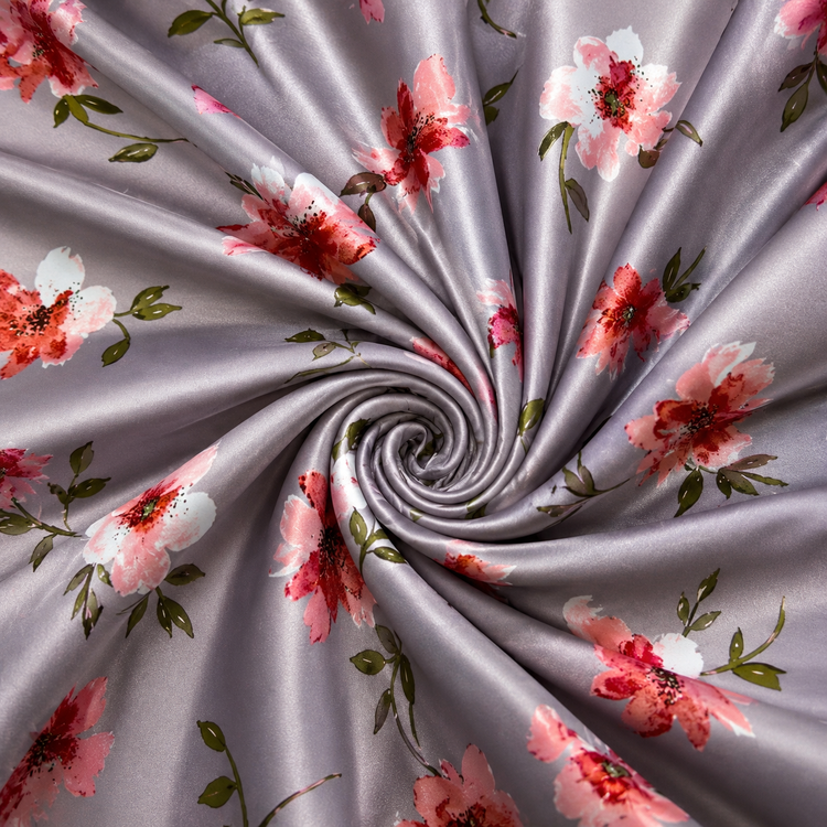 Satin elastic gri-lila cu flori roz