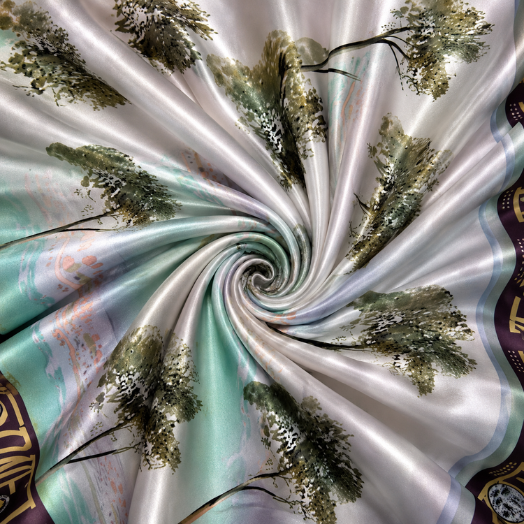 Satin elastic cu imprimeu artistic și peisaj abstract