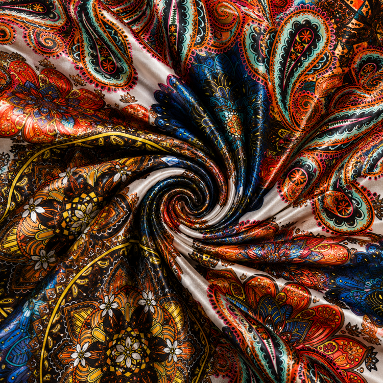 Satin elastic cu imprimeu mandala și motive paisley