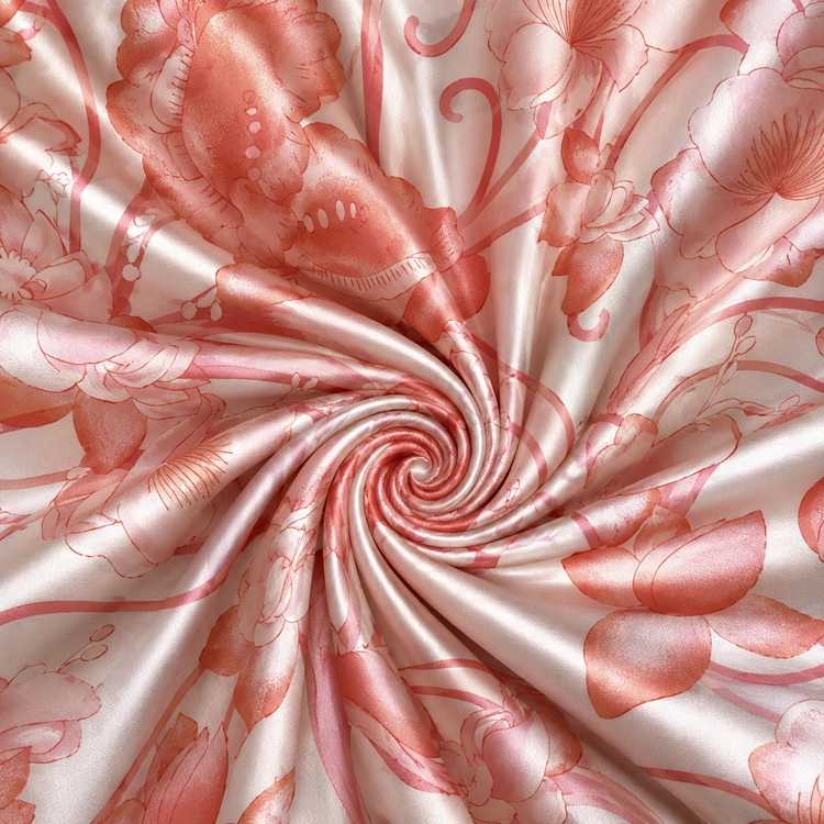 Satin elastic alb cu imprimeu floral roz