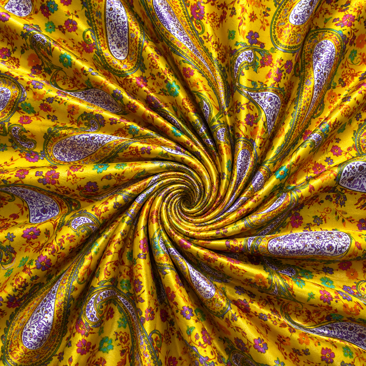 Satin elastic galben cu imprimeu paisley multicolor