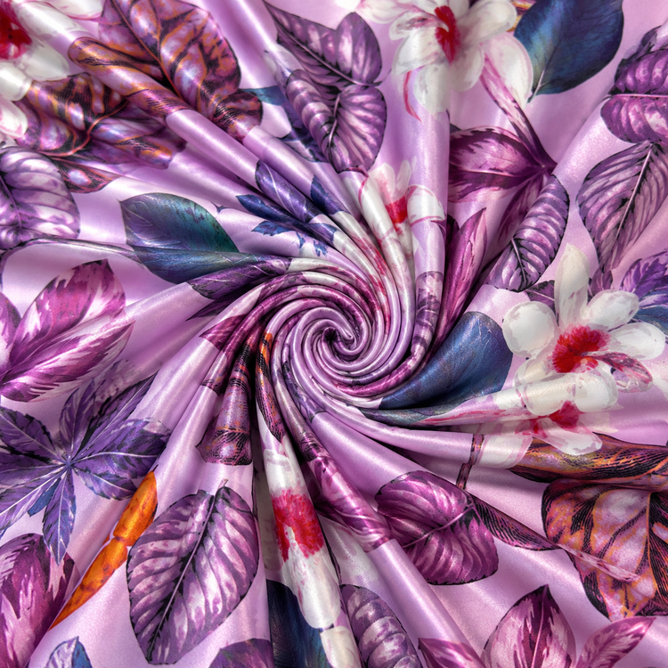 Satin elastic cu imprimeu floral în nuanțe de mov