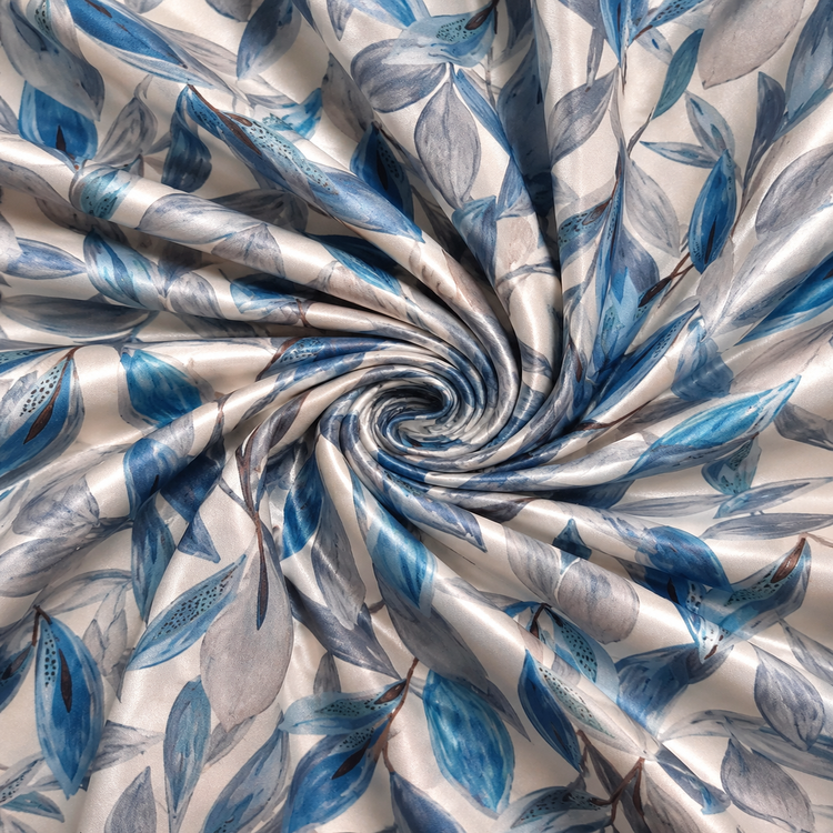 Material Satin Elastic Imprimat cu Frunze Albastre