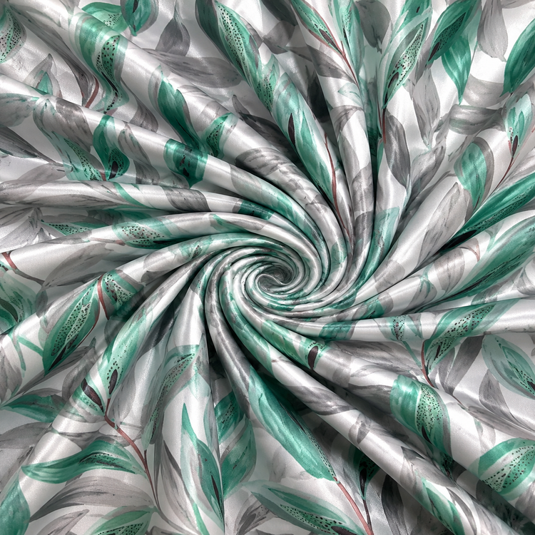 Material Satin Elastic Imprimat cu Frunze Verde Mentă