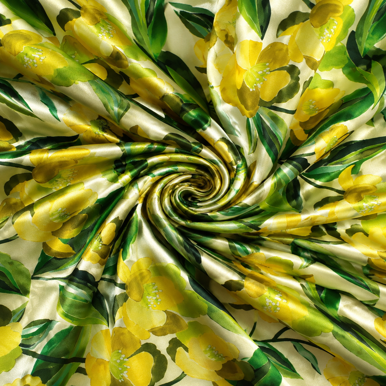 Material Satin Elastic Imprimat cu Flori Galbene