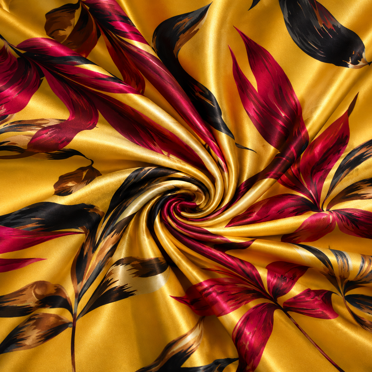 Material Satin Elastic Imprimat Floral Muștar și Bordo