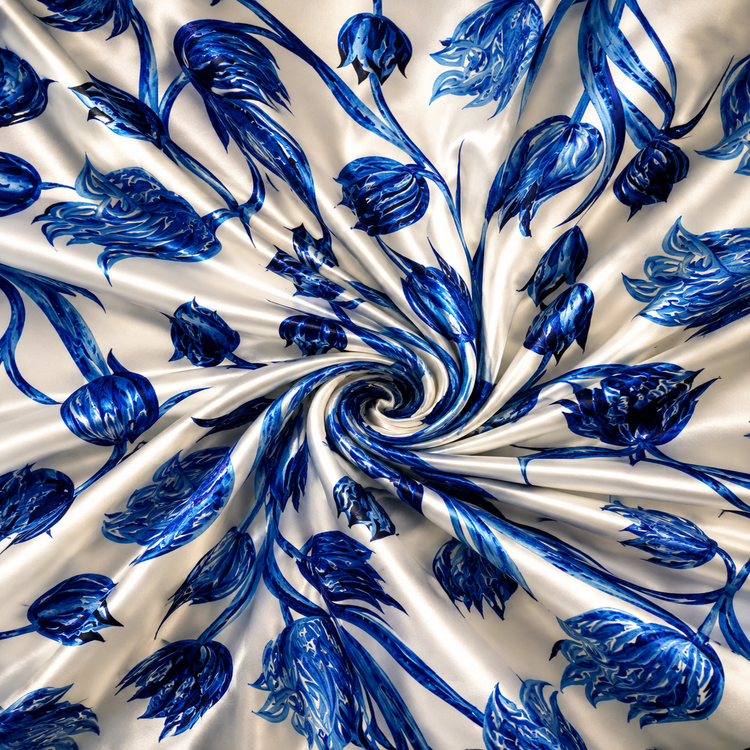 Material Satin Elastic Imprimat cu Flori Albastre