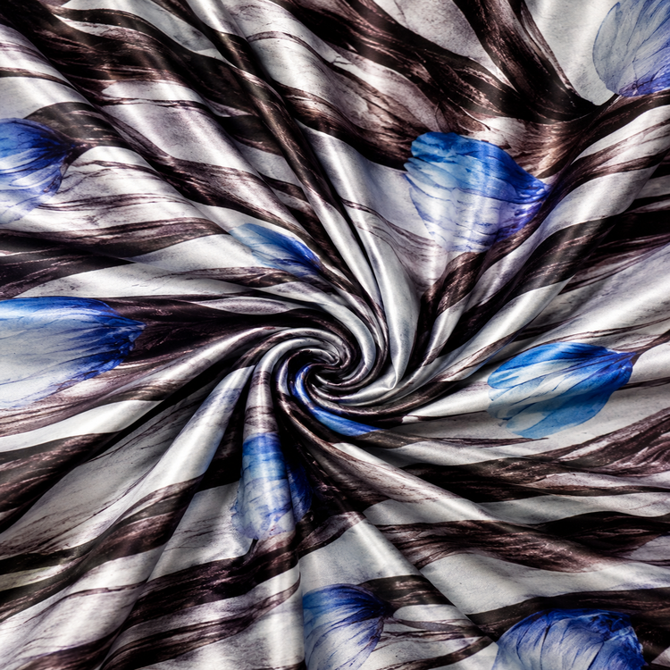 Material Satin Elastic Imprimat Abstract cu Accente Albastre