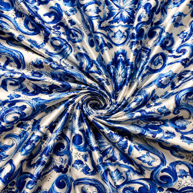 Material Satin Elastic Imprimat Baroc Albastru