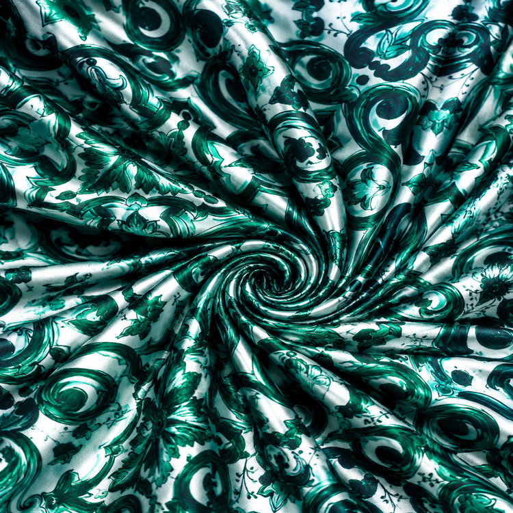 Material Satin Elastic Imprimat Baroc Verde