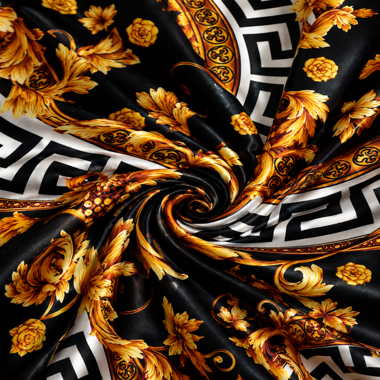 Satin Elastic Imprimat Baroc Negru și Auriu