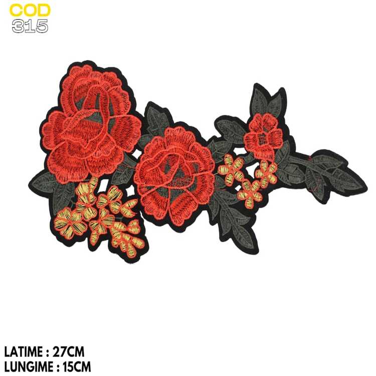 Aplicație brodată florală cu trandafiri roșii și flori decorative