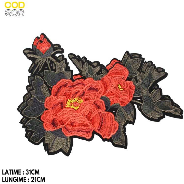 Aplicație brodată florală cu flori roșii