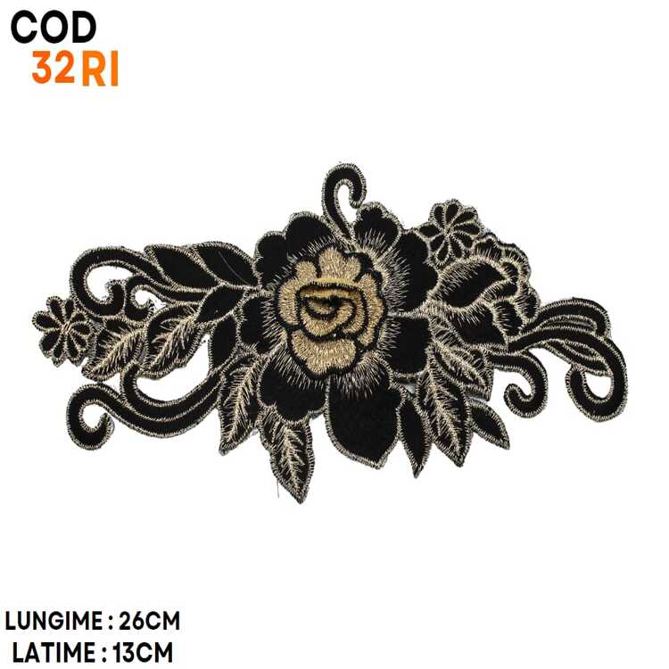 Aplicație brodată florală ornamentală negru-bej