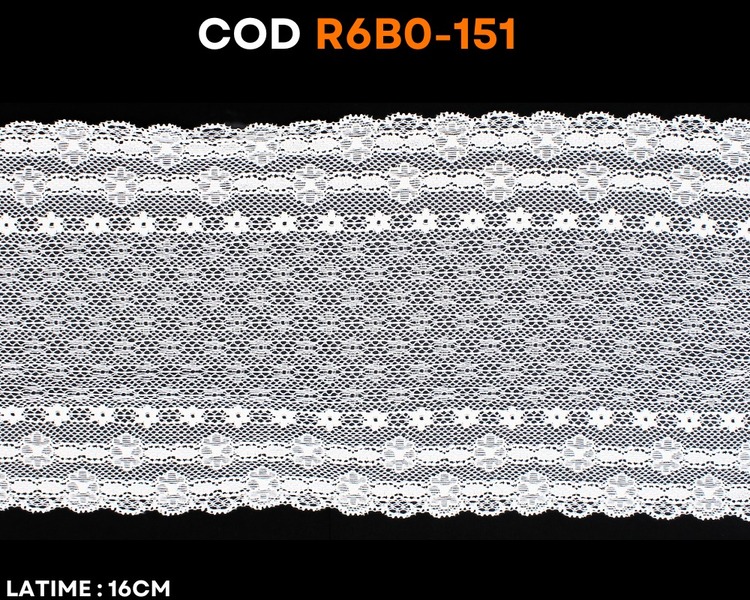 Dantelă elastică albă cu model geometric și margini decorative