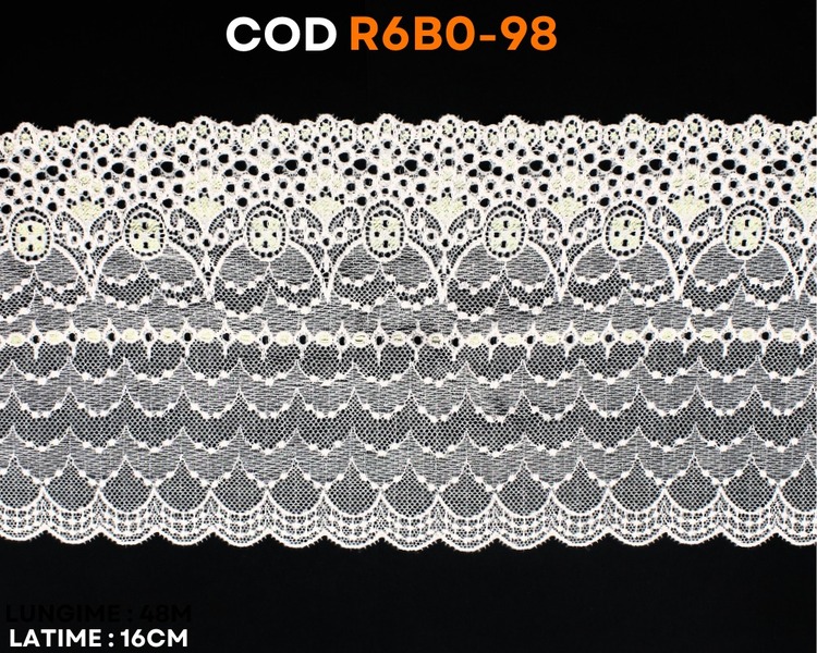 Dantelă elastică ivoire cu model ornamental și borduri decorative