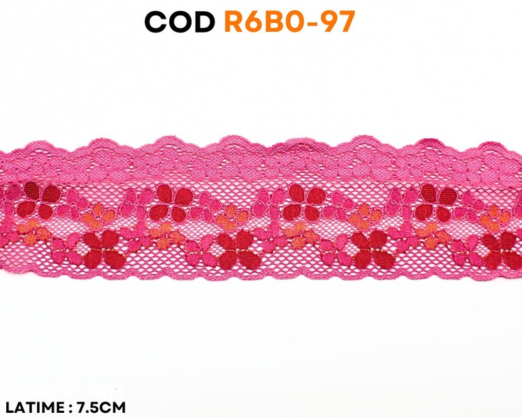 Dantelă elastică roz cu model floral multicolor