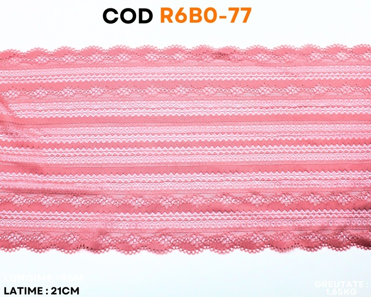 Dantelă elastică roz cu model geometric și borduri decorative