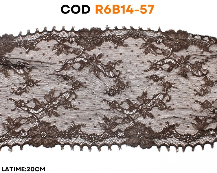 Dantelă elastică maro cu model floral și buline decorative