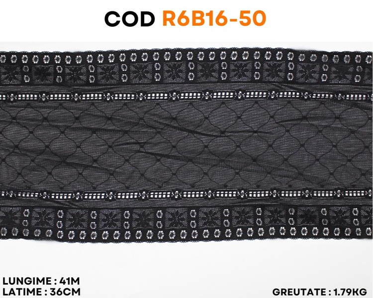 Dantelă elastică neagră cu model geometric și plasă decorativă