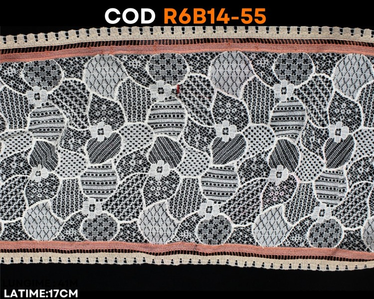 Dantelă elastică ivoire cu model geometric și accente roz