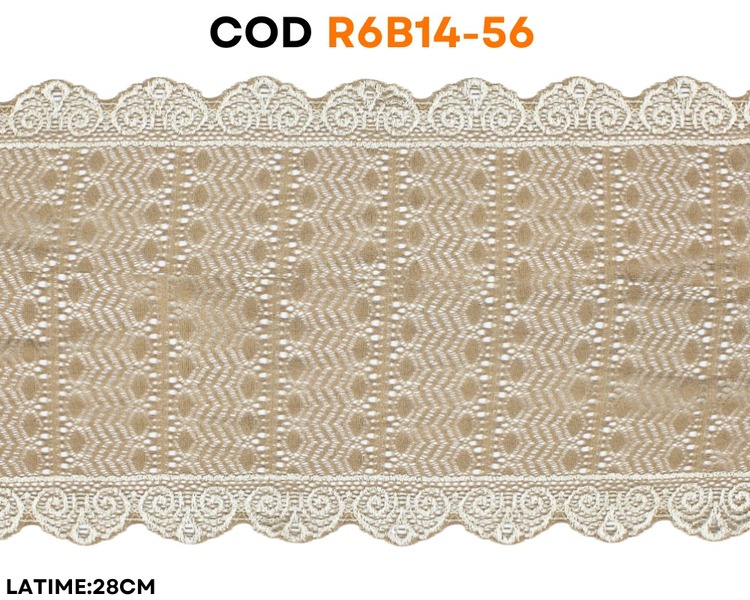 Dantelă elastică bej cu model geometric și borduri ornamentale