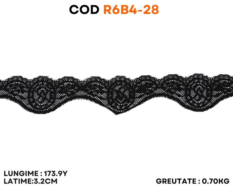 Dantelă elastică neagră cu model ornamental