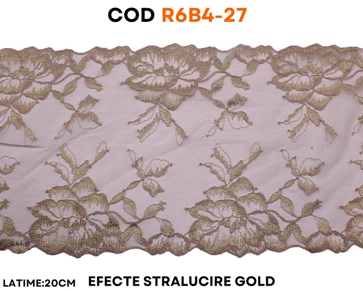 Dantelă elastică nude cu model floral și efect auriu