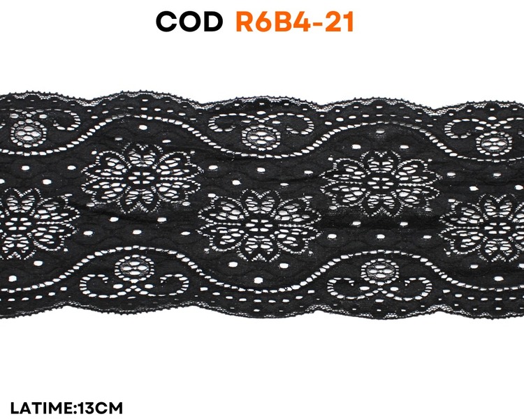 Dantelă elastică neagră cu model floral și ornamental ajurat