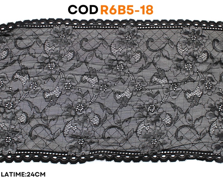 Dantelă elastică neagră cu model floral clasic