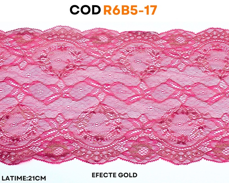 Dantelă elastică fucsia cu efect auriu și model ornamental