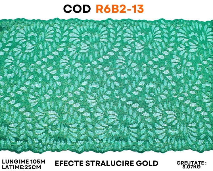 Dantelă elastică verde mentă cu efect auriu și model floral ajurat