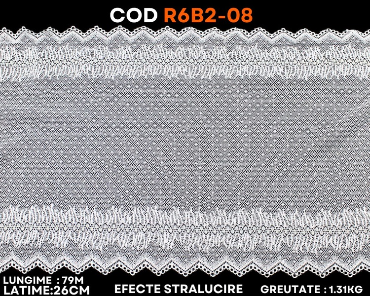 Dantelă elastică albă cu efect strălucitor și model geometric