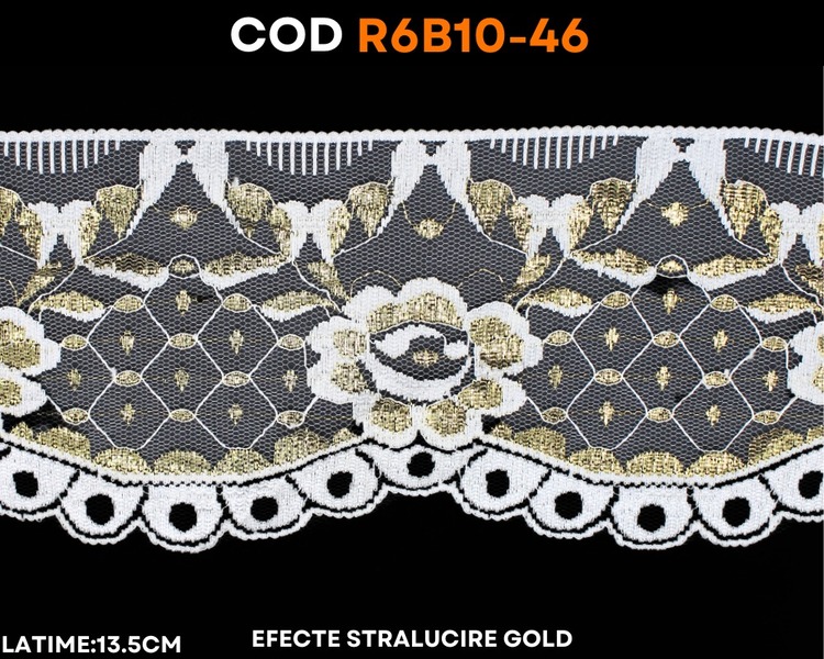 Dantelă fixă albă cu accente aurii și model ornamental
