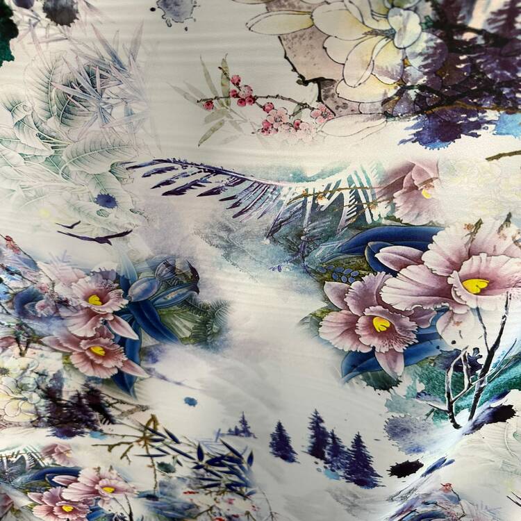 Satin elastic cu imprimeu floral artistic multicolor
