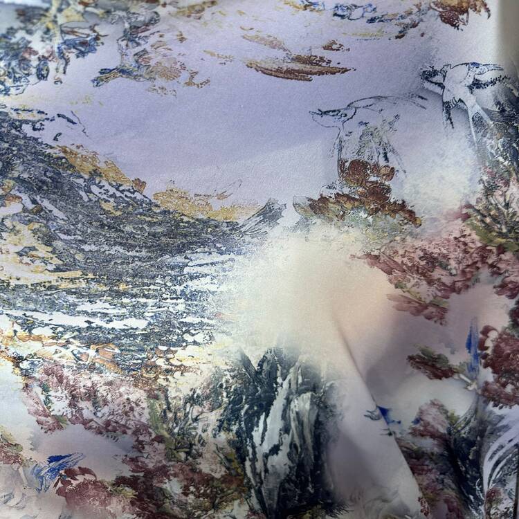 Satin elastic cu imprimeu abstract în nuanțe pastelate