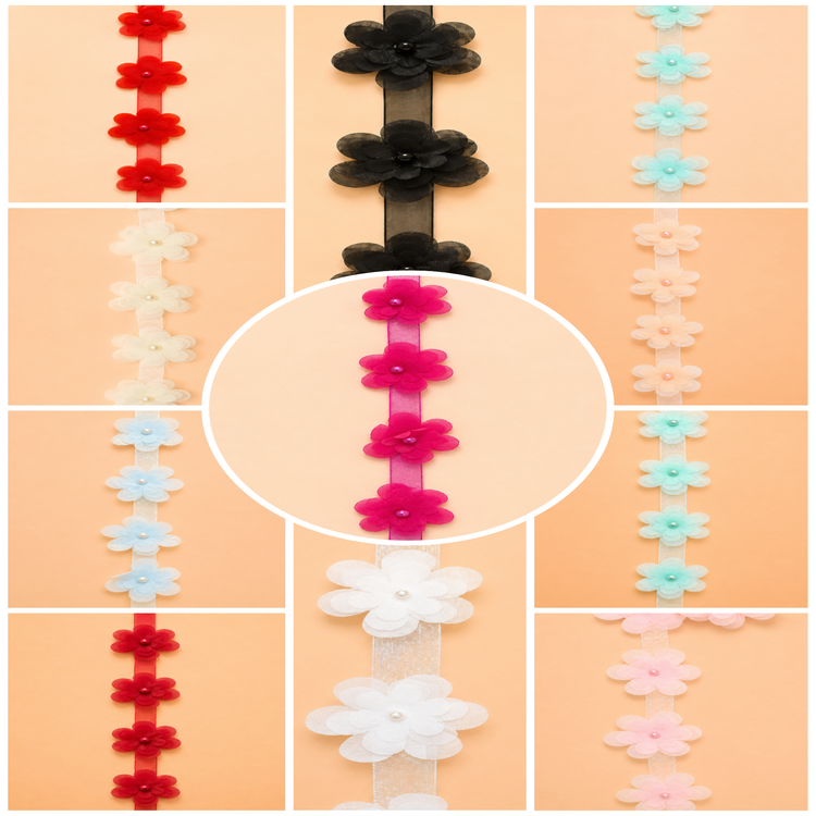 Bandă Organza cu Flori 3D și Perle
