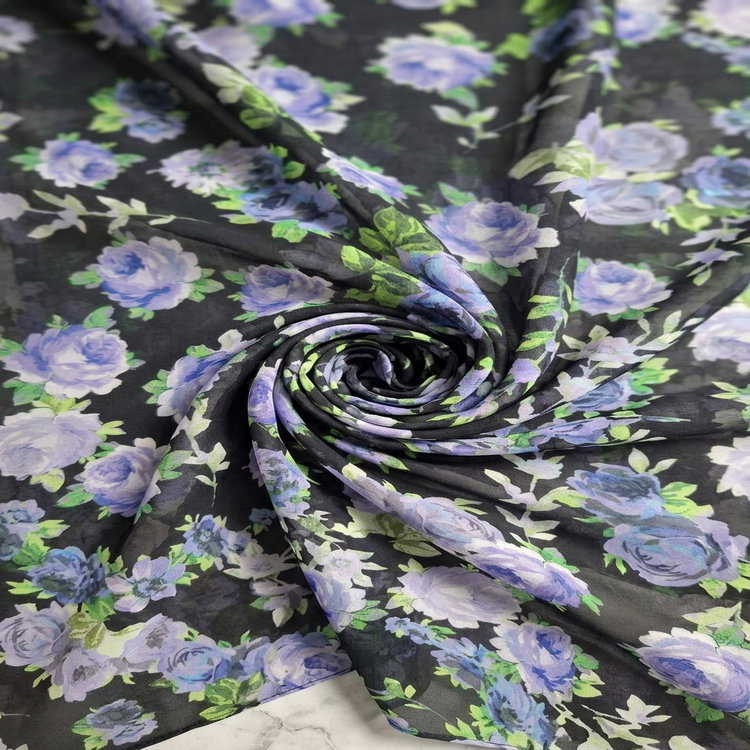 Voal Imprimat Floral – Negru & Bleu